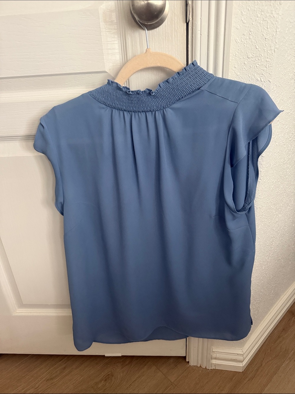 Vince Camuto Dusty Blue Smocked Neck Cap Sleeve Blouse